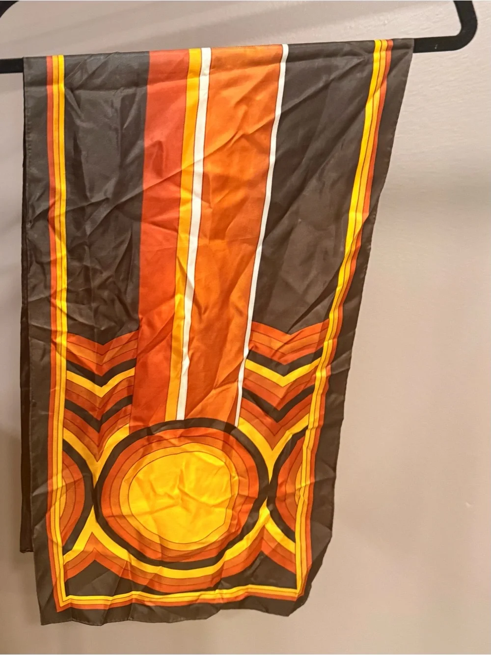 Silk-Look Vibrant Geometric Stripe Vintage 70’s Scarf in Brown, Orange & Yellow
